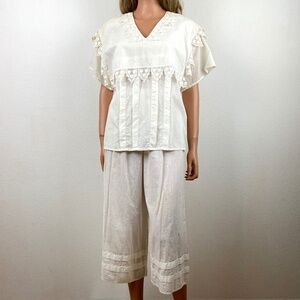 Vintage 80s Jessica McClintock Two Piece Pant Blouse Set Small White Cotton